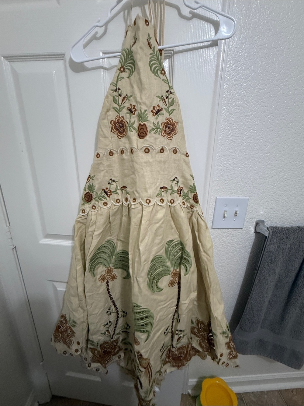 FARM Rio Cream Halter Midi Dress with Green and Brown Embroidery